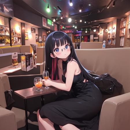 best quality, ultra-detailed, illustration,
sc1, scenery, night, lights, indoors, light, neon lights, couch, table,
1girl, glasses, black hair, long hair, black dress, drinking glass, 
 <lora:SC1_SD15_V1:1>