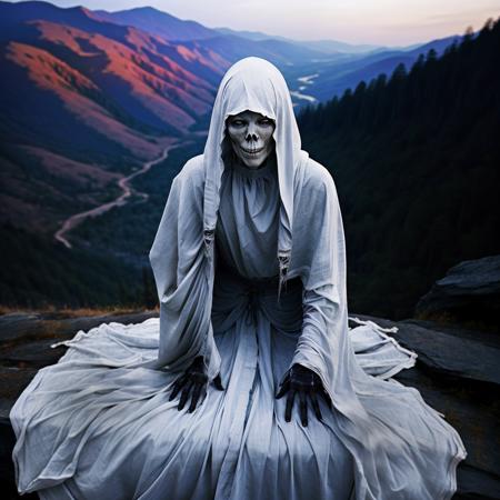 <lora:RPGBanshee> photo of banshee, looking at viewer, white cloak, skeletal, long hair, very long hair, mountains, ((night)), 8k, depth of field, looking at viewer