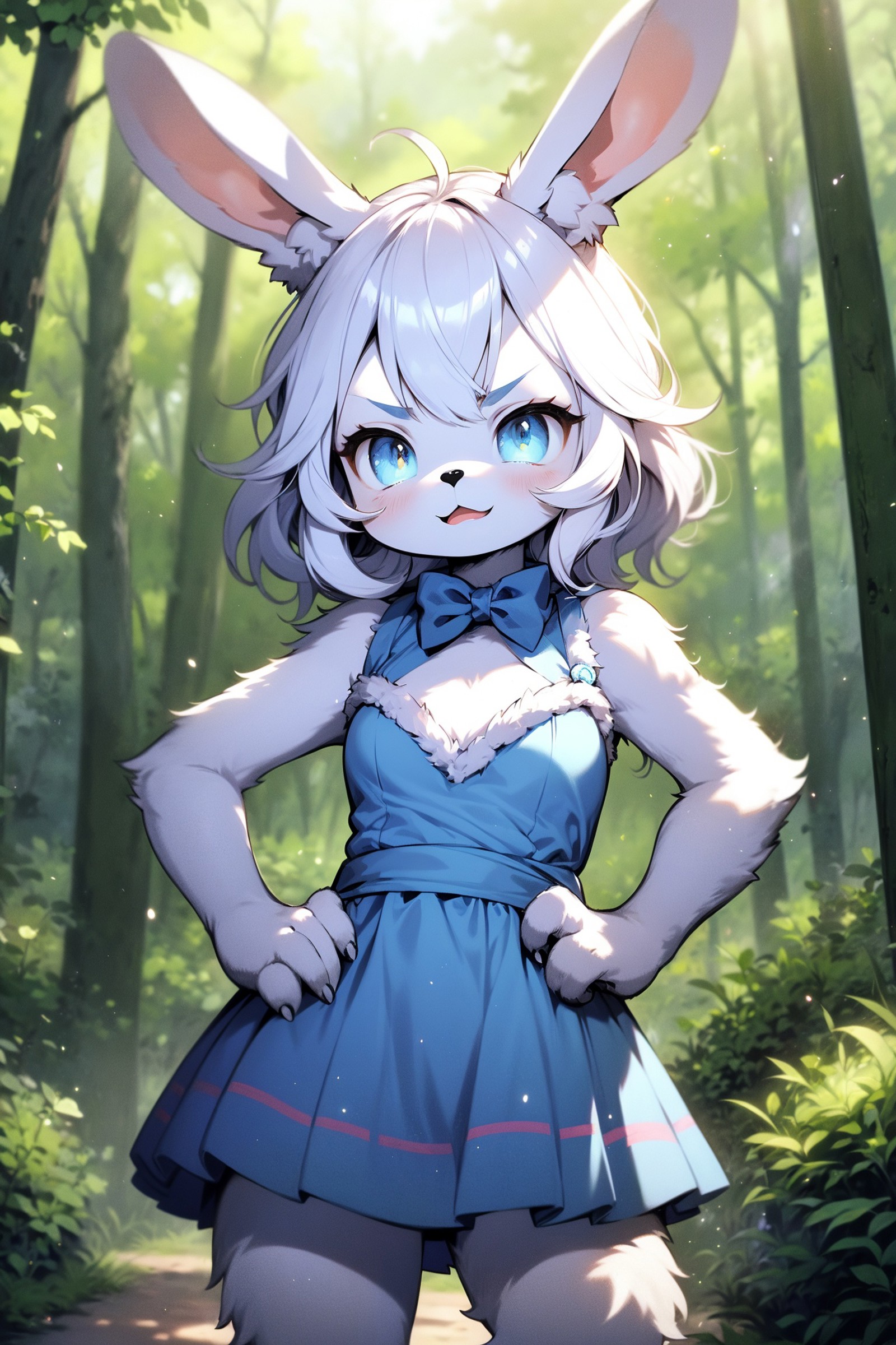 cute rabbit furry girl, furry female, rabbit ears, blue dress, white skin, in forest, looking at viewer, angry, hands on h...