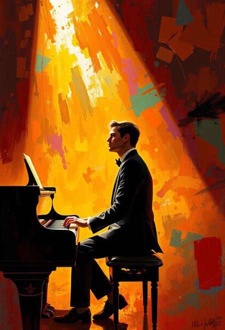 A suited figure sits at a glossy piano, lit by a shaft of gold light as the background melts into vivid, abstract shapes of passion and memory.., cinematic romanticism, expressive color, narrative figuration, bold brushwork, vibrant lighting, emotional intensity, vintage fashion, stylized realism, dramatic composition, fauvist palette, theatrical atmosphere, painterly texture, modernist influence, sensual storytelling, glowing highlights, visual drama, vivid expressionism, intimate scenes, nostalgic elegance, gestural energy