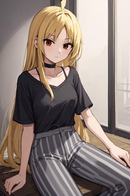 masterpiece, ijichi seika, ahoge, red eyes, very long hair, straight hair, striped pants, choker, black shirt