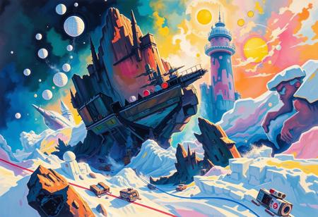 gouache painting about In the unpublished and breathtaking image far beyond the unseeable by syd mead, the essence of the Master's artistry shines through with remarkable clarity. As your eyes wander across the canvas, you'll encounter a harmonious fusion of elements that defy convention and ignite the imagination. It is a visual symphony that stands as a testament to meads boundless creativity. Vibrant and sublime colors dominate the image, bursting forth with a luminosity that captivates the viewer.,