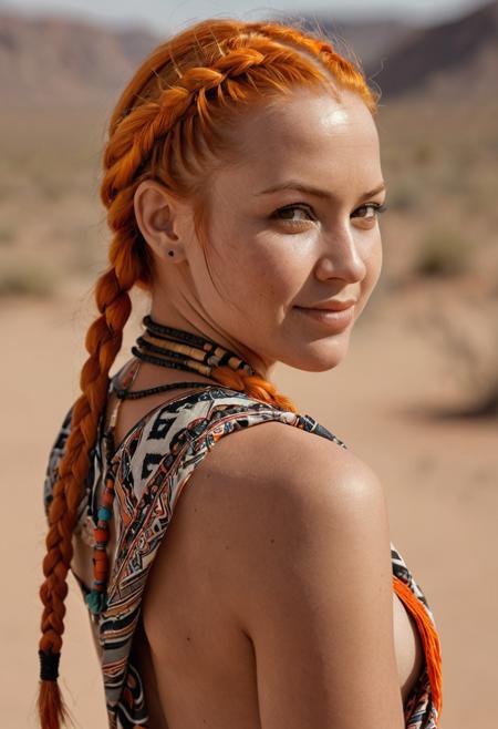 A close-up upper body shot of a woman looking back over her shoulder with a confident, slightly smirking expression. Her orange braids cascade forward, tribal jewelry and patterned fabric visible around her neck and arms. Dry desert in soft focus behind her, natural lighting, cinematic depth