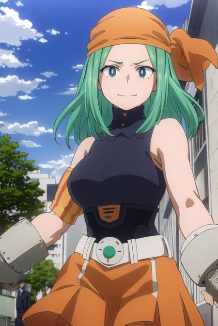 emifukukado, <lora:emi fukukado s3-lora-nochekaiser:1>,
emi fukukado, long hair, (green eyes:1.5), (bright pupils:1.5), green hair, smile,
BREAK skirt, shirt, gloves, bare shoulders, school uniform, white shirt, sleeveless, belt, bandana, orange gloves,
BREAK outdoors, city, sun, clouds, sky,
BREAK looking at viewer,
BREAK <lyco:GoodHands-beta2:1>, (masterpiece:1.2), best quality, high resolution, unity 8k wallpaper, (illustration:0.8), (beautiful detailed eyes:1.6), extremely detailed face, perfect lighting, extremely detailed CG, (perfect hands, perfect anatomy),