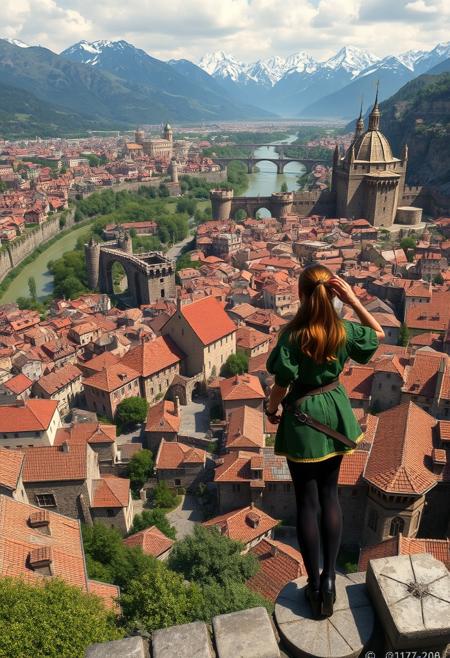 High quality high resolution digital photograph depicting a medieval cityscape from an elevated viewpoint. The layout features a sprawling city with intricate stone buildings, towers, and bridges, nestled in a lush, mountainous landscape. The subject is a lone female figure with their back to the view, wearing a short green medieval tunic and black hose, leaning on a pillar overlooking the city. The city is characterized by its dense architecture, with red-tiled roofs, narrow streets, and a prominent castle with multiple towers. In the background, snow-capped mountains and a river winding through the valley add depth to the scene. The overall colour palette includes earthy tones, greens, and greys