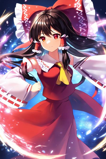 (masterpiece, best quality, highres, anime art style, pixiv), (1girl, solo, touhou, hakurei reimu, ascot, bow, hair tubes, upper body), (abstract, abstract background, romanticized, bloom, swirling lights, light particles), blush, mature female,   <lora:hakurei_reimu_xl-000050:0.7>