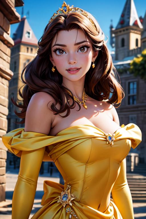A beautifully rendered digital drawing of a woman with long brown hair wearing a yellow dress and golden jewelry.