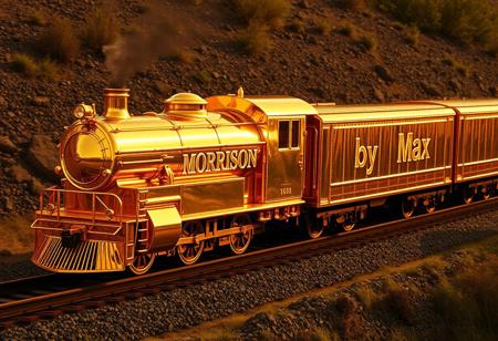 “A train made entirely of gold, with a warm, radiant glow and a smooth, lustrous finish, travels along a railway. The lead car of the train bears the inscription ‘MORRISON’ in bold, stylized letters, seamlessly integrated into its gleaming surface. Following closely behind is another car with the inscription ‘by Max,’ also crafted from gold and shimmering in the light. The surreal train, captured in stunning detail through Panavision Prime Aspherical cinema lenses, moves along the tracks with an opulent display of golden brilliance, as if the precious metal itself has taken the form of a locomotive.”
