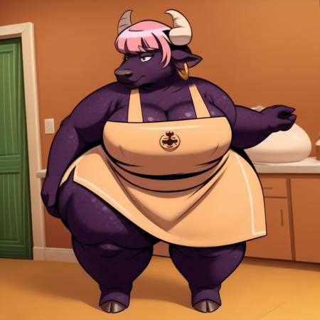 <lora:Mamma Lucia:0.65> 2d cartoon, anatomically correct, masterpiece, best high quality, RAW Photo, perfect anatomy, 4k, quality lighting, detailed hands, detailed feet, detailed eyes, solo, overweight, middle-aged, female, cow, purple dress, apron, pink hair in a bun, earring, horns, massive thighs, massive hips, massive boobs, black fur skin, (front view:1.3) <lora:BGV5EX:1> <lora:add_detail:1>