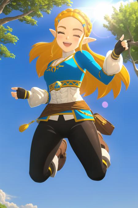 (masterpiece), high quality, (detailed background), 1girl, solo,
<lora:Zelda-v3-07:0.7>, ChopioZelda, blonde hair, (looking at viewer:1.3),
mature female, medium breasts,
long hair, crown braid, sidelocks, hairclip,
outfit_1, blue crop top, white undershirt, gold trim, long sleeves, gold chest belt, brown sash, black gloves, fingerless gloves, black pants, brown knee boots,
outdoors, trees, contre-jour, sunny, light rays, lens flare, depth of field, bokeh,
happy, smile, open mouth, (blush:1.2), (jumping, airborne:1.2), (eyes closed:1.3),