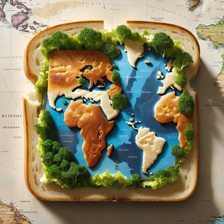 concept art <lora:DalE-3-FFusion-LoRA-ViT-LoCON:1> sandwich with a map of the world on it, amazing food illustration, food art, toast, creative photo manipulation, amazing photorealistic graphics, very detailed illustration, bread, battle toast, incredibly intricate, creative photoshop, made of food, incredibly detailed art, food advertisement, cartography map art, fantasy food, super realistic food picture, hi-res photo,CGSociety,ArtStation . digital artwork, illustrative, painterly, matte painting, highly detailed  . digital artwork, illustrative, painterly, matte painting, highly detailed