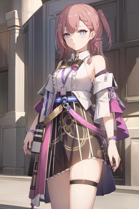 best quality,masterpiece, high res,original, beautiful detailed eyes, asta_\(star_rail\), 1girl, medium hair, hair_ornament, hairclip, choker, jewelry, bow, bowtie, jacket, off_shoulder, shirt, bare_shoulders, skirt, thigh_strap, detached_sleeves, dress, wide_sleeves, <lora:asta:0.9>