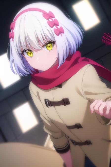 paulamccoy, <lora:paula mccoy s2-lora-nochekaiser:1>,
paula mccoy, short hair, bow, (yellow eyes:1.3), white hair, hair bow, hairband,
BREAK scarf, red scarf, coat, long sleeves, wide sleeves, white coat,
BREAK indoors, classroom,
BREAK looking at viewer, (cowboy shot:1.5),
BREAK <lyco:GoodHands-beta2:1>, (masterpiece:1.2), best quality, high resolution, unity 8k wallpaper, (illustration:0.8), (beautiful detailed eyes:1.6), extremely detailed face, perfect lighting, extremely detailed CG, (perfect hands, perfect anatomy),