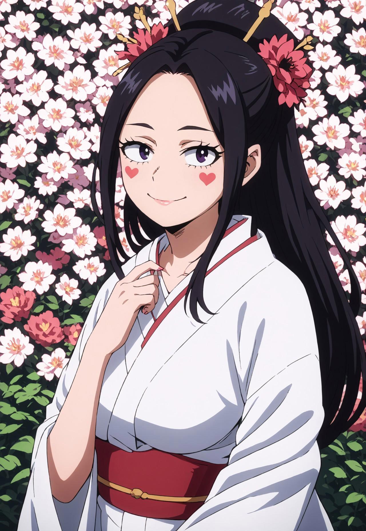 safe_pos, safe_pos, safe_pos, score_9, score_8_up, score_7_up, score_6_up, my hero academia, 1girl, white kimono with pink sakura flower pattern, oiran hair style, black hair, large breast, black eyes, beautiful face, happy, oc, original character, smile expression, 