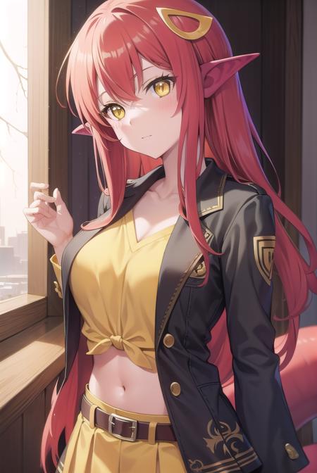 miia, hair ornament, lamia, long hair, monster girl, pointy ears, red hair, slit pupils, (yellow eyes:1.5), belt, navel, shirt, skirt, sleeves rolled up, tail, tied shirt, yellow shirt, cleavage,
