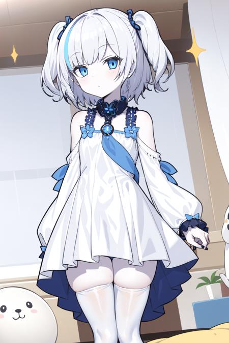 TB, 1girl, solo, bangs, white hair, streaked hair,  colored skin,  blue eyes, puffy long sleeves,pleated skirt, thighhighs,shoulder cutout, indoors, white dress, two side up,sparkle,