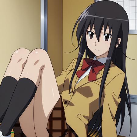 ShinoAmakusa,1girl,black hair,long hair,black eyes, school_uniform,bowtie, plaid skirt, black socks,