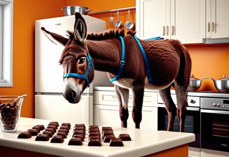 naughty donkey stealing chocolate out the kitchen. hyperdetailed, hyperrealistic, vivid colors, Ultra High Definition 64K, Detailed and Intricate, Digital Art, Realistic, Cinematic, Studio Lighting, Beautiful Lighting,landscape view