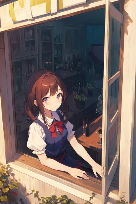 masterpiece, best quality, highres, 1girl, from outside window <lora:from_outside_window:1.4> smile, looking at viewer