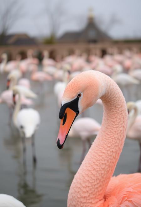 swan wearing Flamingo costume, many Flamingo in the background,