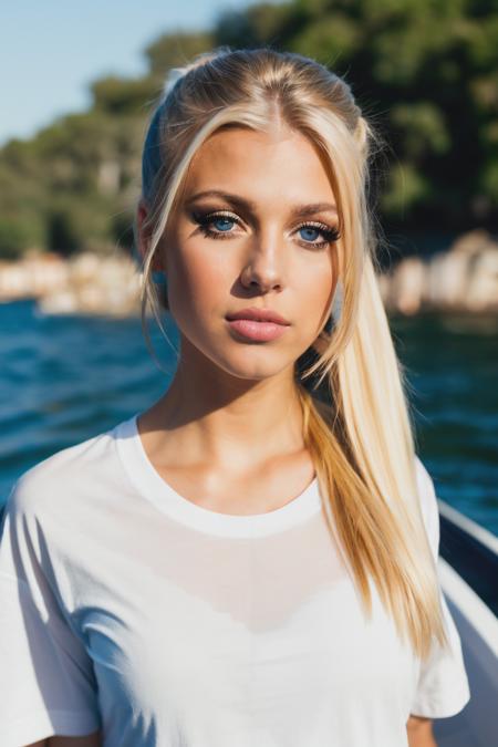 RAW, real photo portrait, lgr, on a boat, (wearing a black t-shirt), pretty face, insanely detailed eyes, light blonde hair, high ponytail, bokeh, natural light, depth of field, golden hour, sharp focus<lyco:LorenGray-RealVision-V1.0:1.0>