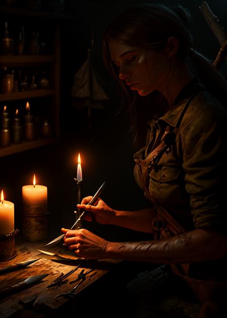 a tough huntress sharpening a survival knife, candles, peaceful, lush, digital painting, detailed, studio quality, realistic, low light, after hours, atmospheric lighting