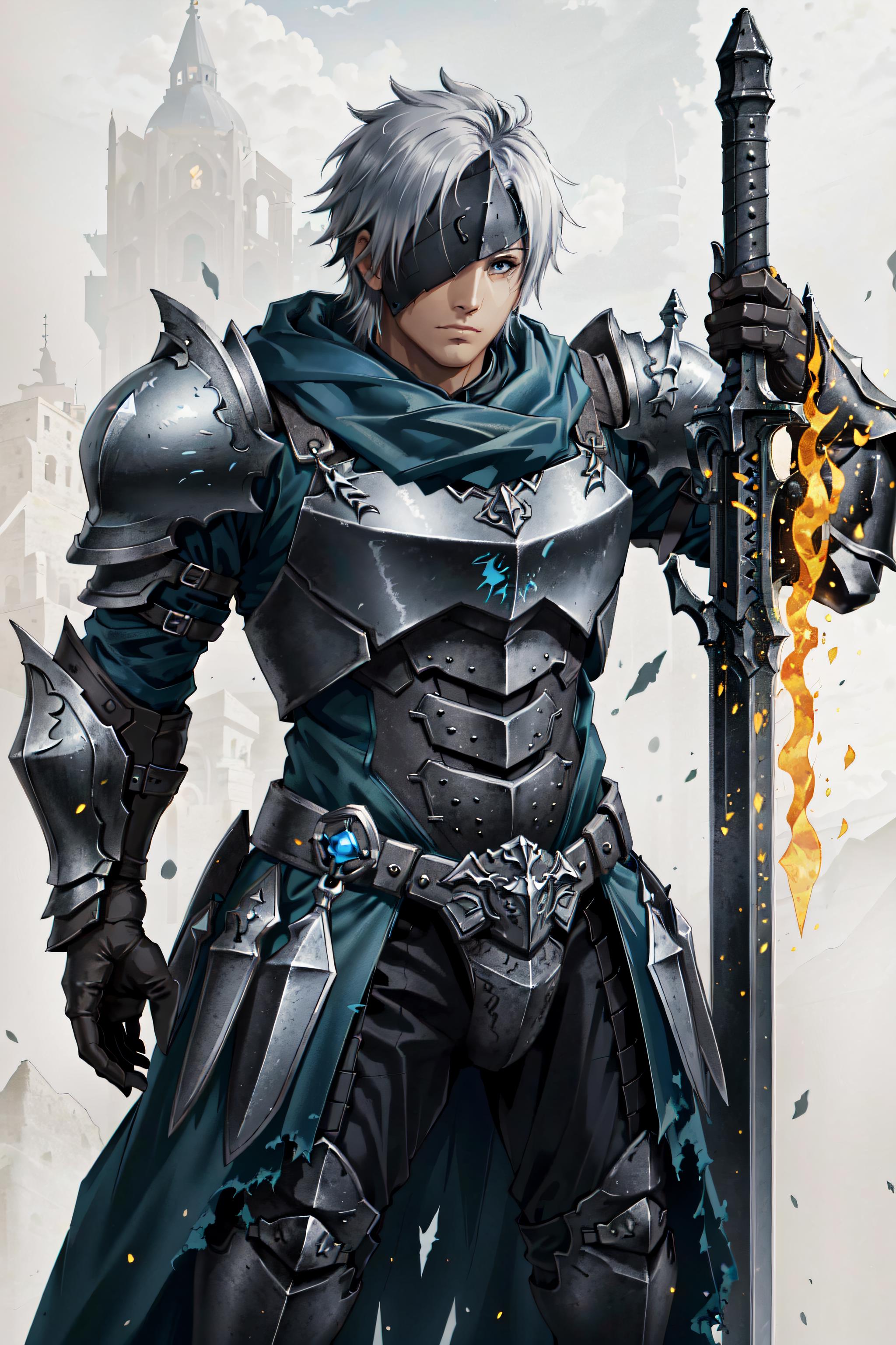 Lexica - Anime style boy black hair, deep focus, medieval knight cloths,  holding black sword with neon red dots, eary mood, scary, Chinese style  arch...