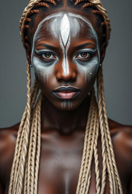 symmetrical Front view, very close up shot of a female african warrior, extremely beautiful, beautiful white war paint makeup, long thin braids over her breasts, neutral grey background, photography studio style