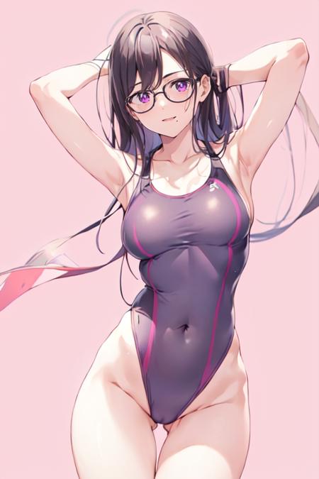 HizuruMinakataR4 1girl, long hair, purple eyes, black hair, mole under mouth glasses ponytail