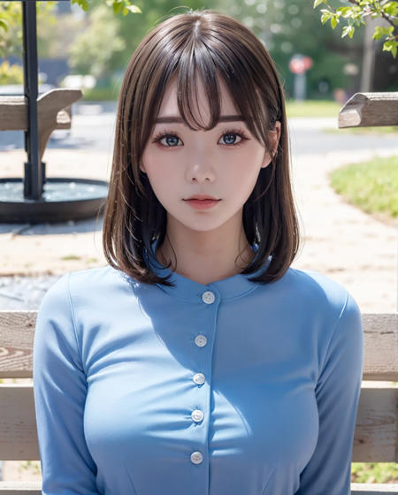 pureerosface_v1, best quality, photorealistic, 8k, high res, full color, 1girl, woman, 20 years old woman, (closed mouth:1.73), (skindentation), (portrait:0.6), trees, park bench, daylight, ((park background:1.52)), full color, ((whitecollar,shirt buttonedblueshirt:1.58)), looking at viewer:1.8, (1girl eyes looking at viewer:1.55), (medium hair, brownhair, sweptbangs:1.45), (bokeh), <lora:AAV-miru:0.64>