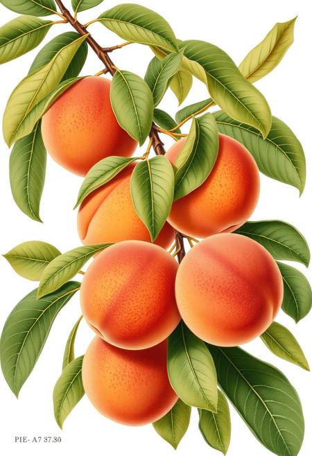 Peaches on a branch with leaves, botanical illustration, isolated on white background, style of Pierre-Joseph Redoute