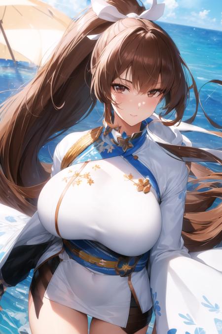 (day:1.7), cloud, beach,blue sky,
Standing at attention,
bikini,jacket,wide sleeves,White_uniform,White_outfit,black legwear,japanese clothes, blue scarf,
<lora:Aya_Kujyou_Final_Gear-KK77-V1:0.85>,
brown eyes, brown hair,bangs, Long_hair, Red_eyes,ponytail, white ribbon,
1 girl, 24yo,mature female,Beautiful Finger,Beautiful long legs,Beautiful body,Beautiful Nose,Beautiful character design, perfect eyes, perfect face,
looking at viewer, in the center of the image,focus on face,
NSFW,official art,extremely detailed CG unity 8k wallpaper, perfect lighting,Colorful, Bright_Front_face_Lighting,
(masterpiece:1.0),(best_quality:1.0), ultra high res,4K,ultra-detailed,
photography, 8K, HDR, highres, absurdres:1.2, Kodak portra 400, film grain, blurry background, bokeh:1.2, lens flare, (vibrant_color:1.2)
(Beautiful,Large_Breasts:1.2), (beautiful_face:1.5),(narrow_waist),