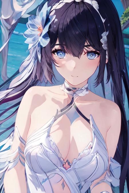 illustration, ultra-detailed, best quality, masterpiece, beautiful detailed sky, standing,1girl,seele, 1girl, solo, hair ornament, white background, dress, looking at viewer, blue eyes, flower, hair flower, breasts, bare shoulders, upper body, bangs, simple background, long hair, white dress, black hair, closed mouth, multicolored hair, collarbone, hair between eyes, blue flower, blush, sleeveless, sleeveless dress, halterneck, armpits, cleavage, medium breasts, blue hair, detached sleeves <lora:seele_20230701151740:1>