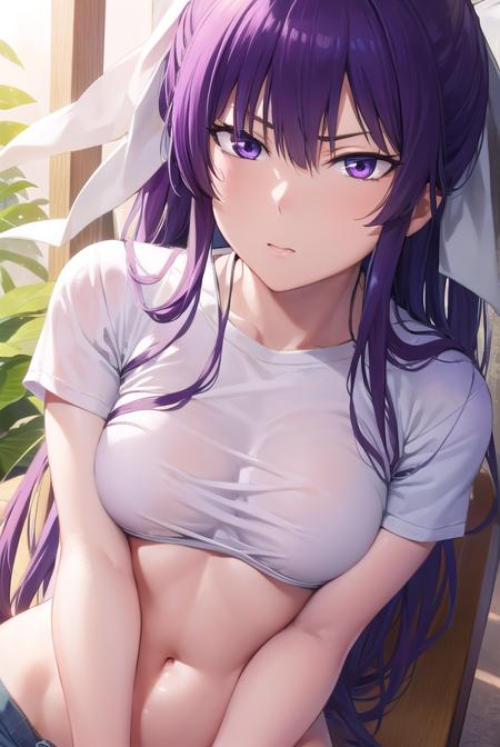 kaori kanzaki, long hair, ponytail, (purple eyes:1.1), purple hair, ribbon, hair ribbon, midriff, navel, pants, shirt, short, tied shirt, toned, torn clothes, belth, denim, short sleeves, white shirt,