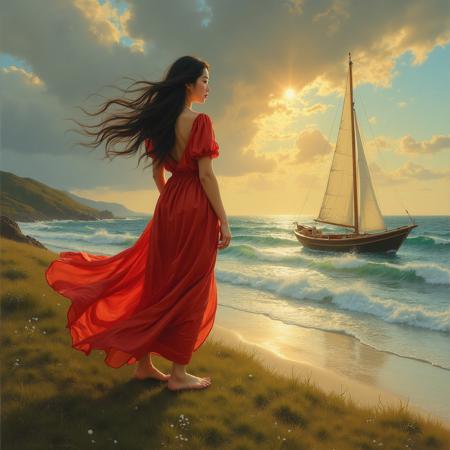 a beautiful full-figured Korean woman standing barefoot on a grassy hill overlooking the ocean, wearing a red silky leather dress that shimmers in sunlight, soft wind blowing through her long black hair, a small wooden sailboat resting on the shore below, waves gently crashing, warm golden afternoon sky, oil painting, highly detailed brushwork, serene expression, coastal landscape, cinematic composition, sunlight reflections on water and fabric, traditional fine art style, vibrant yet realistic colours, beautiful woman, chubby girl, Korean girl, red silk dress, windy dress, barefoot, ocean view, beach hill, traditional sailboat, crashing wave, golden sky, oil painting, classical style, realistic art, shoreline, fine art, boat on beach, serene mood, high detail, vibrant realism, glowing highlights, scenic coast, moody ocean under dark sky, storm clouds forming, wind-lashed waves, dramatic lighting, eerie quiet, foreboding atmosphere, stormy weather, moody lighting, cinematic storm, dramatic contrast, tension buildup