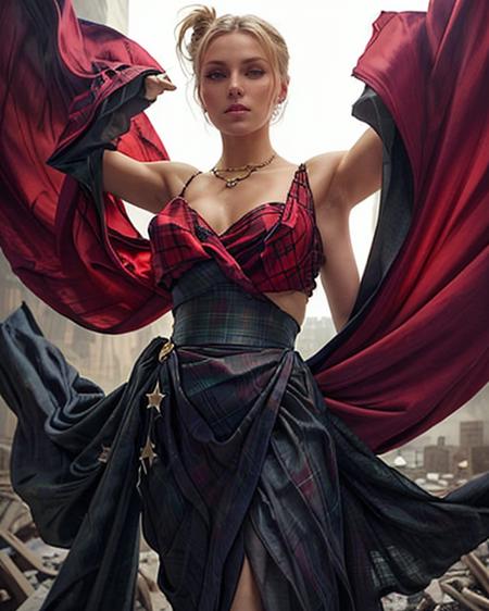 rbp, looking at viewer, (dynamic pose, dynamic angle, (medium closeup) extremely attractive slender Celtic woman, big black ponytail, red and black plaid silk draping her body, [toga:sari:chiton:peplos],natural lighting, soft shadow, insane detail, detailed background, depth of field, among the dystopian ruins, intricate, large breasts, (flowing fabrics:1),   dr4pep0kie, clothmancer <lora:ClothingAdjuster3:-0.3> <lora:ass_size_control_v1.0:-0.5> <lora:waist_size_control_v1.0:0.5><lora:fabric_drape_v1:0.5> <lora:flowing-fabrics:0.5> <lora:Concept - Clothmancer:0.5>
 <lora:rbp_v1:1>