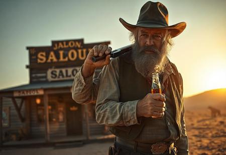 cinematographic scene, ultra-realistic image, full-length elderly cowboy with gray hair and beard, holding a bottle of whiskey in one hand, with the other hand holding a gun and resting it on his shoulder, smoke coming from the barrel of the gun, saloon in the background, sunset light, desert, western atmosphere