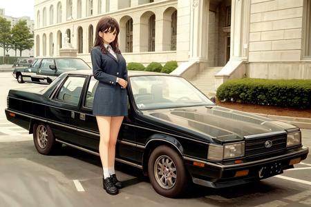 best quality, masterpiece, girl, solo, the girl is standing next to the car,  1ST, car, vehicle, vehicle focus, ground vehicle, <lora:Hyundai_Grandeur_Pack_v1.0a:0.75>