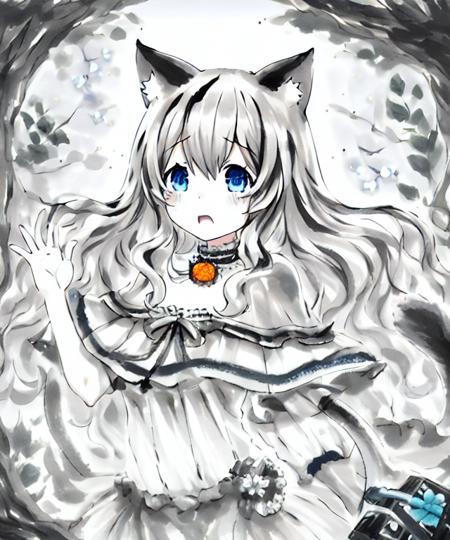 1girl, inkwash,
tears,solo, cat girl, silver hair ,blue eyes, large chest, solo, messy hair, long hair, nude,blue capelet, cat ears, cat tail, animal ear fluff,[cyberpunk::0.4],(in box:1.1),through glass and translucent fluid,[forest leaf orange:0.3],orange slice,lemon,blue,[white flower:0.2], [cinematic lighting:0.6], light particle, 
 <lora:inkwash:1>