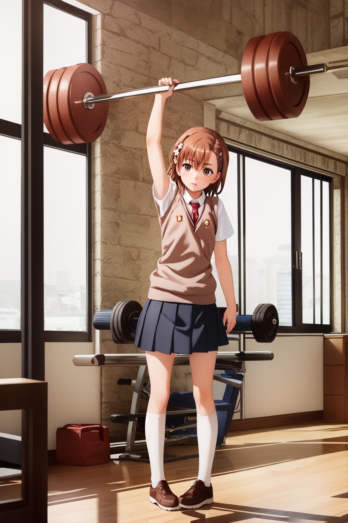 A young girl lifting a barbell in a gym.