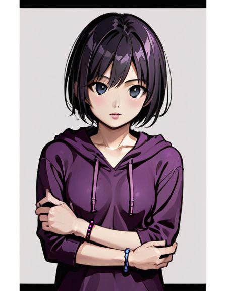 aoi tsukasa, 1girl, solo,  bracelet, jewelry, realistic, black short hair, black eyes, ultra pose
Wearing a purple hoodie , (body shot)
(<lora:Aoi_Tsukasa:1> Aoi Tsukasa),
parted lips, (black room background:1),