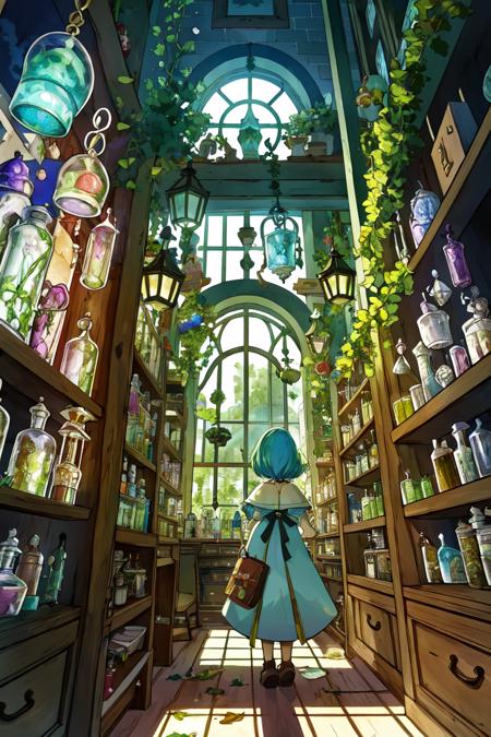 girl,soloo,At the town's mystical apothecary, glass vials filled with iridescent potions lined the shelves, while the aroma of enchanted herbs wafted through the air., from below, (back focus:1.2),back , <lora:style-1-v4-200:0.6>