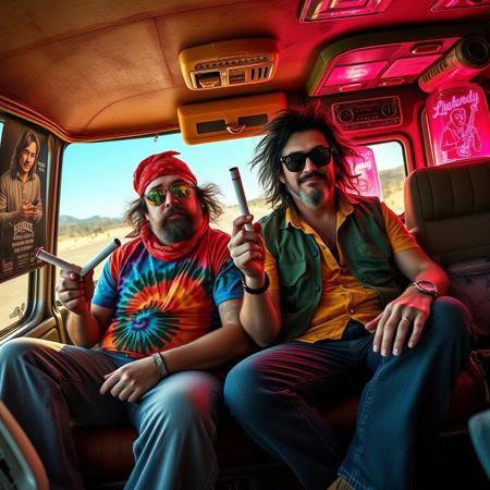 High resolution, masterpiece quality, source_8_up, hyper-realistic lighting, ultra-detailed textures, cinematic depth of field, HDR: Render with realistic lighting, sharp focus, dynamic reflections, and smooth gradients. Emphasize neon glows, ambient occlusion, and photorealistic reflections.
"Two laid-back stoner characters resembling the younger Cheech and Chong—Jake, with a thick mustache, wearing a red bandana, a brightly colored tie-dye shirt, and bell-bottom jeans, captures Cheech Marin's look from the 1970s. Terry, tall with long, wild black hair, a scruffy beard, wearing reflective sunglasses, a green vest, and bell-bottom jeans, mirrors Tommy Chong's signature style from their early days. Both characters hold blunts in their hands, casually puffing and passing them. They sit in a vintage, psychedelic van on a sun-scorched highway. The van’s interior is cluttered with 70s rock band posters, glowing lava lamps casting neon pinks, blues, and greens. Soft, ethereal smoke swirls, shifting colors with the light. Outside, the vast desert stretches with warped heat distortion. Floating snacks, glowing chips, and candy wrappers hover, casting psychedelic light. Terry is animated, wide-eyed, with messy hair, while Jake is relaxed, leaning back with a goofy grin. Surreal, abstract shapes and glowing orbs float around, representing their trippy conversation. The atmosphere feels dreamlike, constantly shifting with glowing textures, vibrant neon hues, and dynamic lighting.