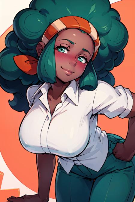 zzLenora, green eyes, green hair, afro, big hair, dark skin, large breasts, hairband,  zzLenora, green eyes, green hair, afro, big hair, dark skin, large breasts, hairband,  white shirt, blue pants, 