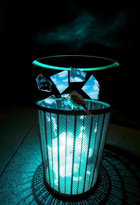 JNANX,luminous white silhouette,cyan glow,emerald highlights,flickering outline,dreamlike movement,rippling colors,drifting embers,infinite black background,psychedelic colors,ethereal,futuristic surrealism,gw,glowing,night,night sky,trippy,
Prompt: A street-level, eye-level shot of a dark green, cylindrical metal mesh trash can sitting on a concrete sidewalk. Inside the trash can, several pieces of a broken mirror reflect a bright blue sky with fluffy white clouds. A small brown sparrow with darker streaks sits perched on the rim of the trash can, looking towards the reflected sky within the mirror shards. The sunlight casts a shadow of the trash can and the bird onto the sidewalk.