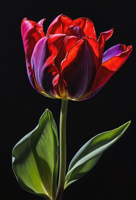 A  painting of a red and purple tulip beginning to open its petals, green stem and leaves, matte black background, backlighting