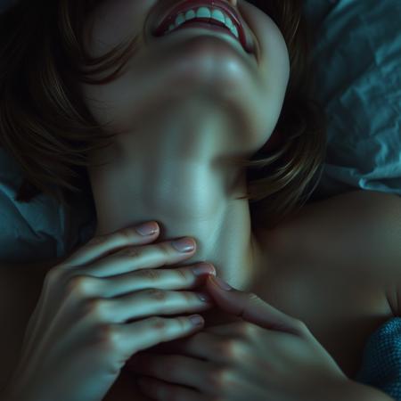 Photorealistic analog photo f/1.4 wide angle extreme closeup of neck of an average 23- year-old woman laying in bed. She's tilting her face back, her neck stretched out. She's clenching her jaw in an expression of agony, as she screams in joy. Her breath is visible. Thick fog fills the air. She's touching her chest with a single hand. Strong lighting and shadows. Her skin has freckles and imperfections. Her medium bob hair with bangs is extremely messy, covering her face.