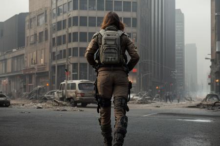 a traffic light car on a street in a (post-apocalyptic setting:1.3), we see huge sky scrapers in the background