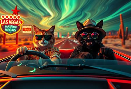 (((PERSPECTIVE FROM THE SIDE OF THE CAR))) of Two cats in a red convertible speeding down a desert highway toward a neon-lit Las Vegas skyline. The scene mirrors the iconic ‘Fear and Loathing in Las Vegas’ shot, but with feline travelers. (((The driver, a scruffy tabby in oversized aviator sunglasses and a Hawaiian shirt, grips the wheel with a wild expression. The passenger, a sleek black cat in a bucket hat and round tinted glasses, leans back with a smug grin, a cigarette dangling from its mouth and paws gesturing as he talks))).  Windshield visible with glowing luminescent bugs on it, ((perspective looking from the driver side)), exaugurated eyes and smile, smoking a joint, 
The environment is infused with psychedelic energy—distorted road signs melt into the horizon, the sky swirls with surreal colors, and cacti appear to sway and stretch. The desert landscape warps in a heatwave haze, while neon reflections shimmer in the car’s chrome details. The perspective is exaggerated and chaotic, capturing the frenetic, trippy atmosphere of the original scene in a humorous and feline twist.