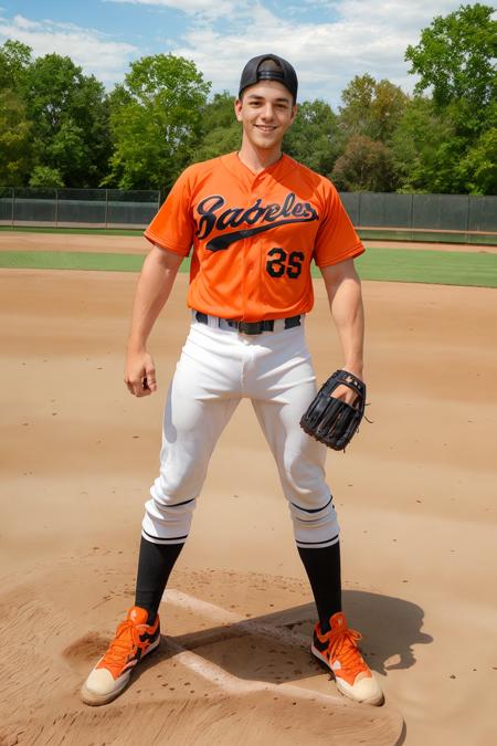 outdoors, ((baseball field)), standing at 2nd base, ConnorPeters, baseballplayer, baseball uniform, orange pinstripe jersey, (white pants), orange socks, black sneakers, orange baseball cap, fielding mitt, fielding position, smiling, (((full body portrait))), wide angle   <lora:Clothing - Sexy Baseball Player:0.6>    <lora:ConnorPeters:0.8>